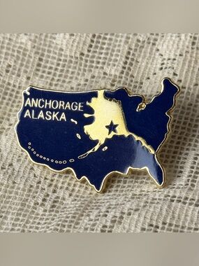 Blue and Gold Vintage Anchorage Alaska Map Pin Souvenir Button AK USA State